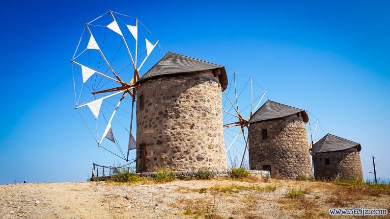 Island enhancements: Financier Charles Pictet, restored three windmills on a hillock opposite the monastery one of which is fully functional and produces wholemeal flour.