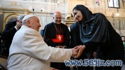 Pope Francis greets an artist of the Venice Art Biennale in the Church of La Maddalena in the Giudecca's women's prison facility on April 28, 2024 in Venice, Italy. Addressing the group the Pope praised artists as true visionaries who can see beyond the boundaries of our world.